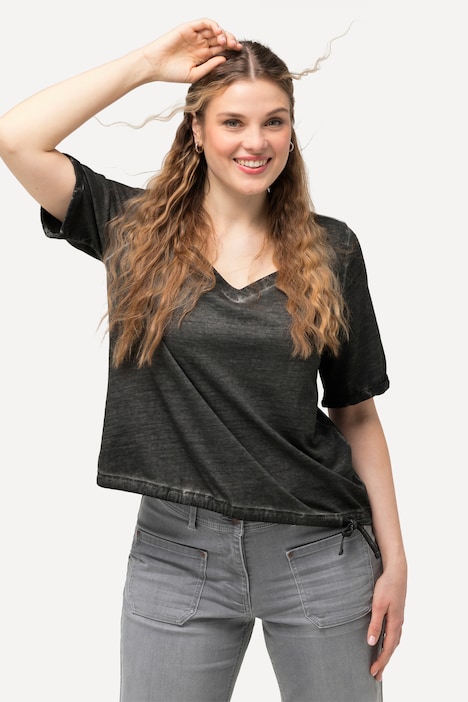 T-Shirt, Metallic-Stern, Saumband, Herzausschnitt, Halbarm