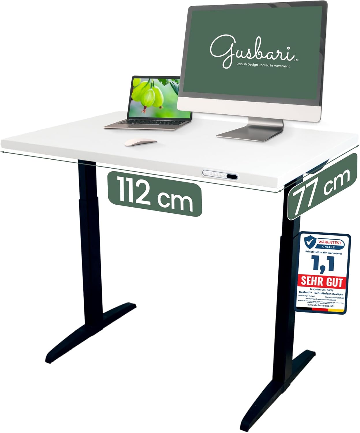 112 x 77 cm Höhenverstellbarer Schreibtisch Elektrisch – Kleiner Kompakter Stehschreibtisch mit LINAK Motor - Platzsparend für kleine Wohnungen & Home Office, werkzeugfreie Montage – Weiß