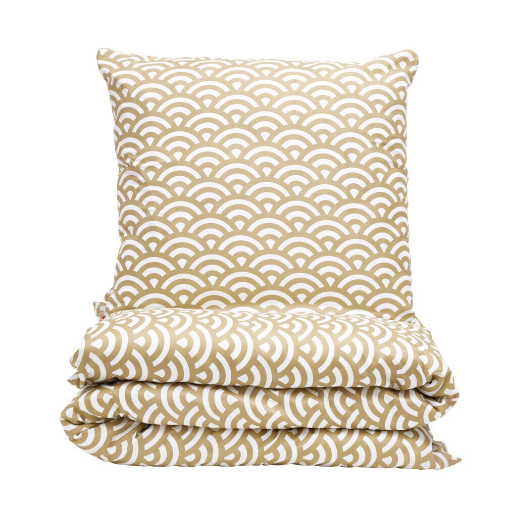 Parure de lit 1 personne 140x200cm polyester motif vague japonaise marron et blanc