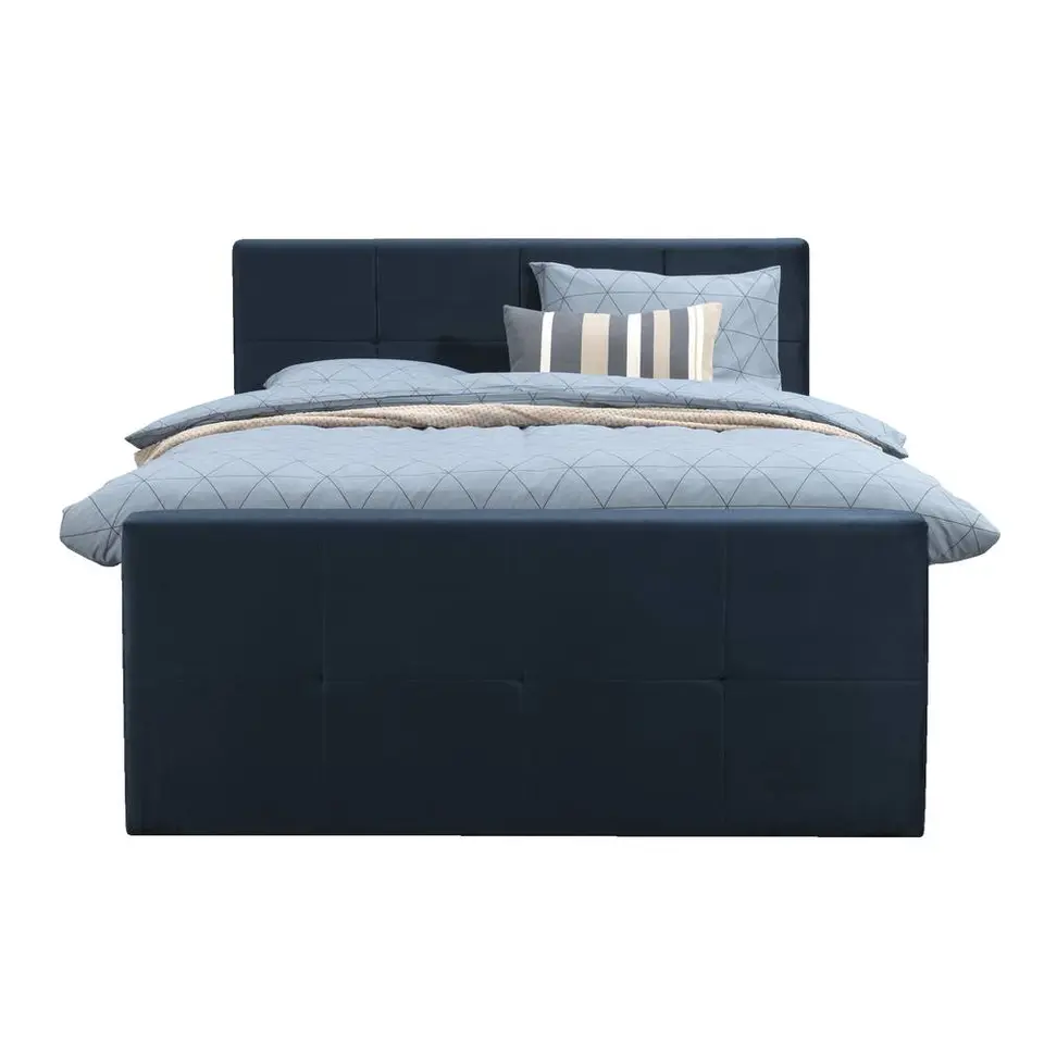 Boxspring met opbergruimte en voetbord Liv geblokt - blauw - 140x200cm