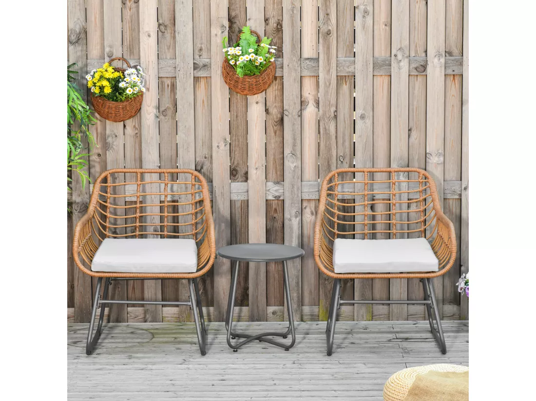Outsunny Ensemble bistro de jardin 2 places 3 pièces style exotique 2 fauteuils + table basse résine tressée beige acier époxy gris