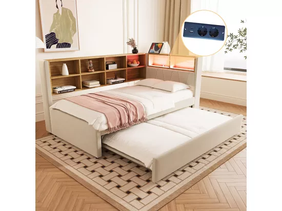 Lit gigogne 90x200 et 90x190 avec prise USB et nombreux compartiments de rangement lit rembourré multifonction lit simple Beige