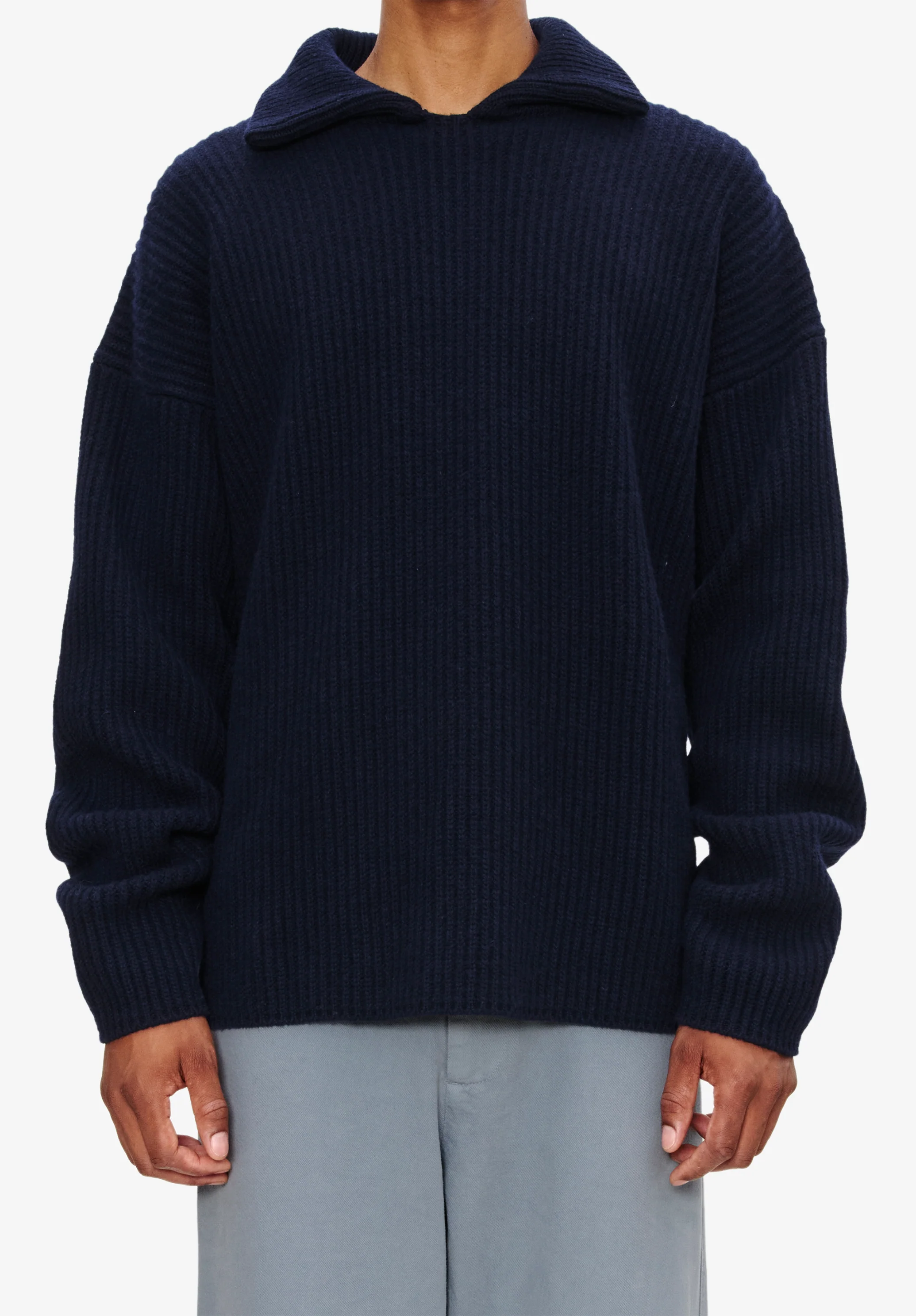 Pull col italien à côtes larges - Dark navy