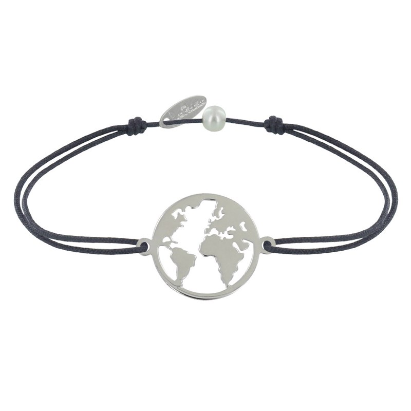 Bracelet Lien Médaille Argent Ronde Mappemonde - Gris