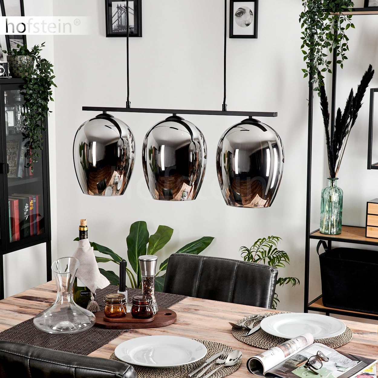 Pendelleuchte Vevino, Hängeleuchte aus Metall/Glas in Schwarz/Chromfarben, Leuchte im Vintage/Retro Design, Schirme aus Glas (Ø 20 cm), 3-flammig, Höhe max. 116,5 cm, 3 x E27, ohne Leuchtmittel