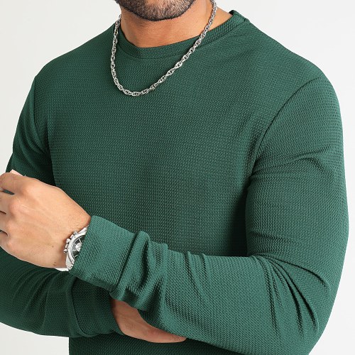 Tee Shirt Manches Longues Texturé Waffle 0558 Vert Bouteille