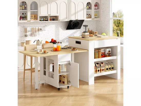 Table de bar extensible 110-124cm îlot cuisine 2 tiroirs 2 étagères prise courant plateau MDF blanc marbré