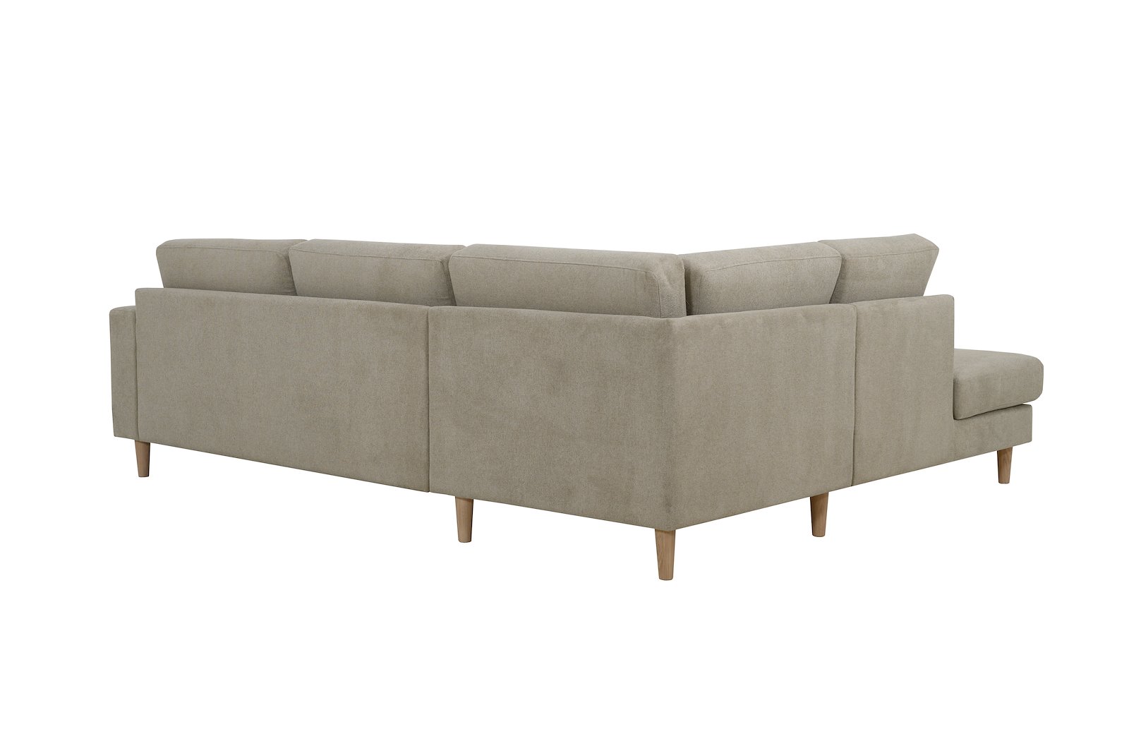 Hedda hjørnesofa 2,5 seter med åpen ende venstre. Tekstil Brooklyn 9 Cappuccino med hvitoljede eikeben (1) og 18 cm arm (F).