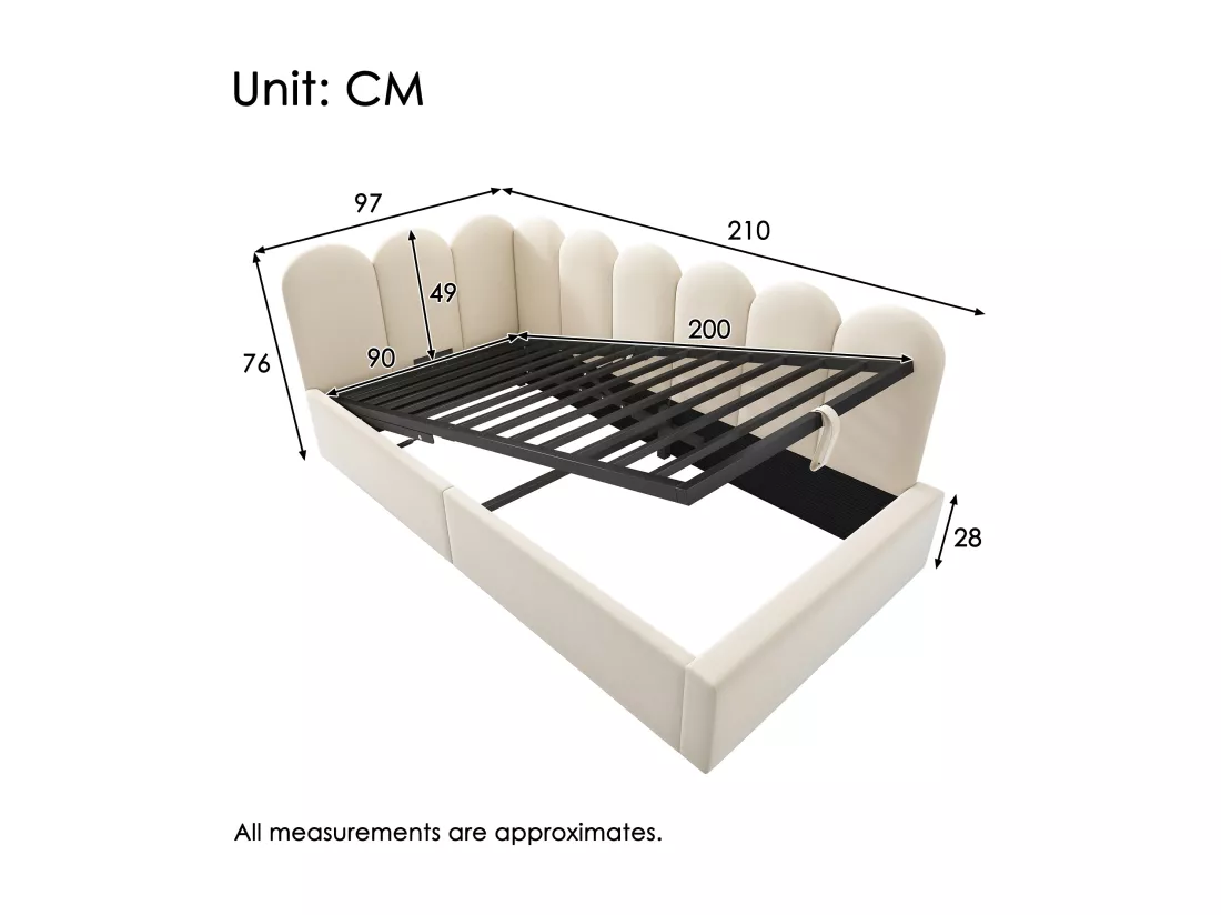 Lit banquette avec rangement - tissu en velours - 90x200 cm - avec sommier à lattes - Beige
