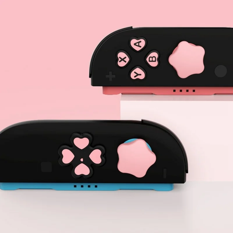(7er Set) Silikon Joystick Caps und Button Sticker Aufkleber für Nintendo Switch 2 Controller - Pink / Schwarz