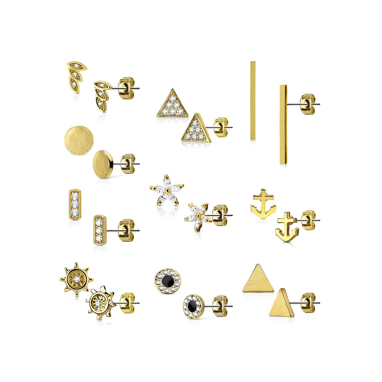 (20 Paar) 316L Edelstahl Ohrringe Ohrstecker mit Strass Steinen / Matt / Glanz - Gold