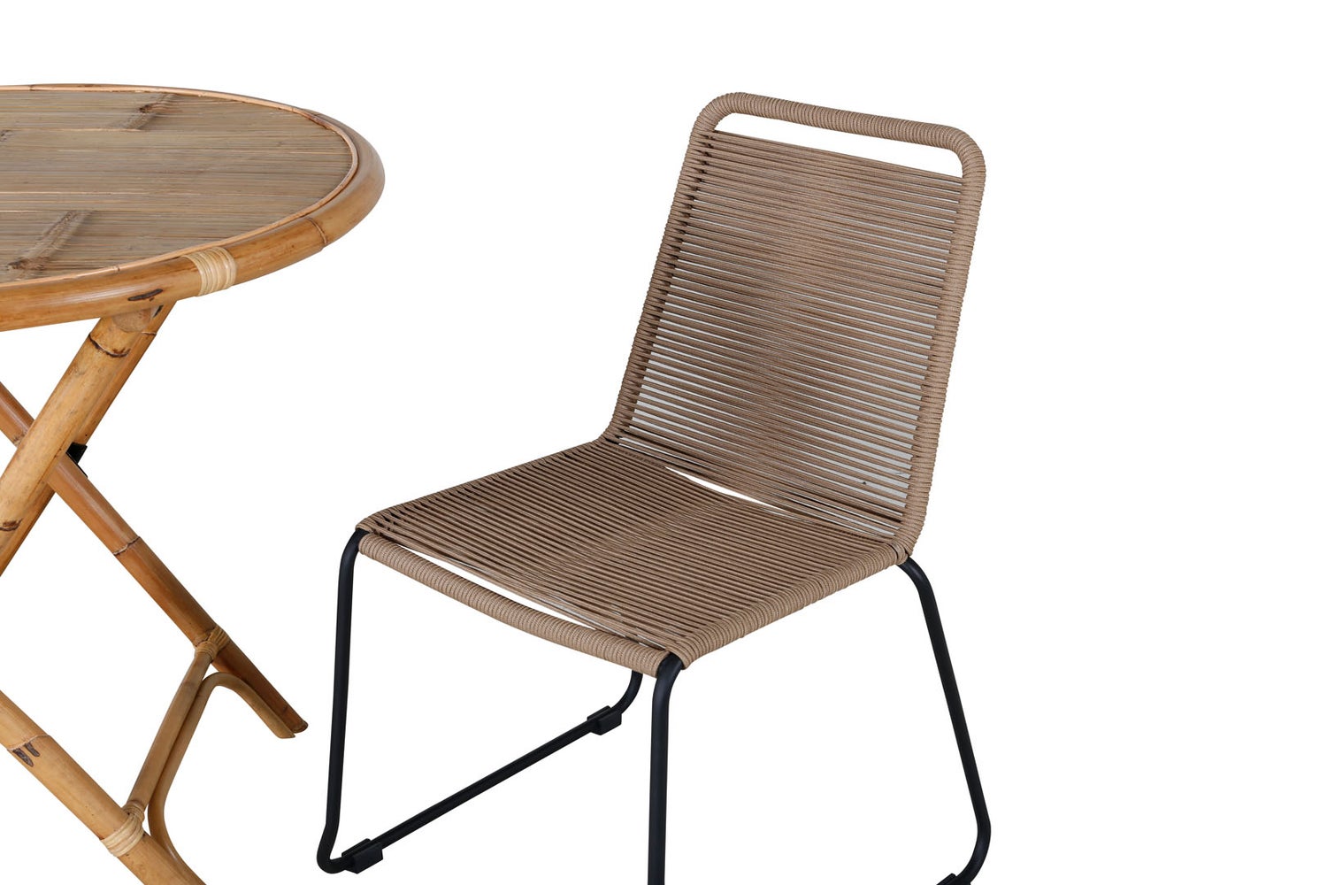 Tuinset van riet, tafel Ø80cm en 2 stoelen L Lindos, zwart, naturel. 80 x 80 x 80 cm