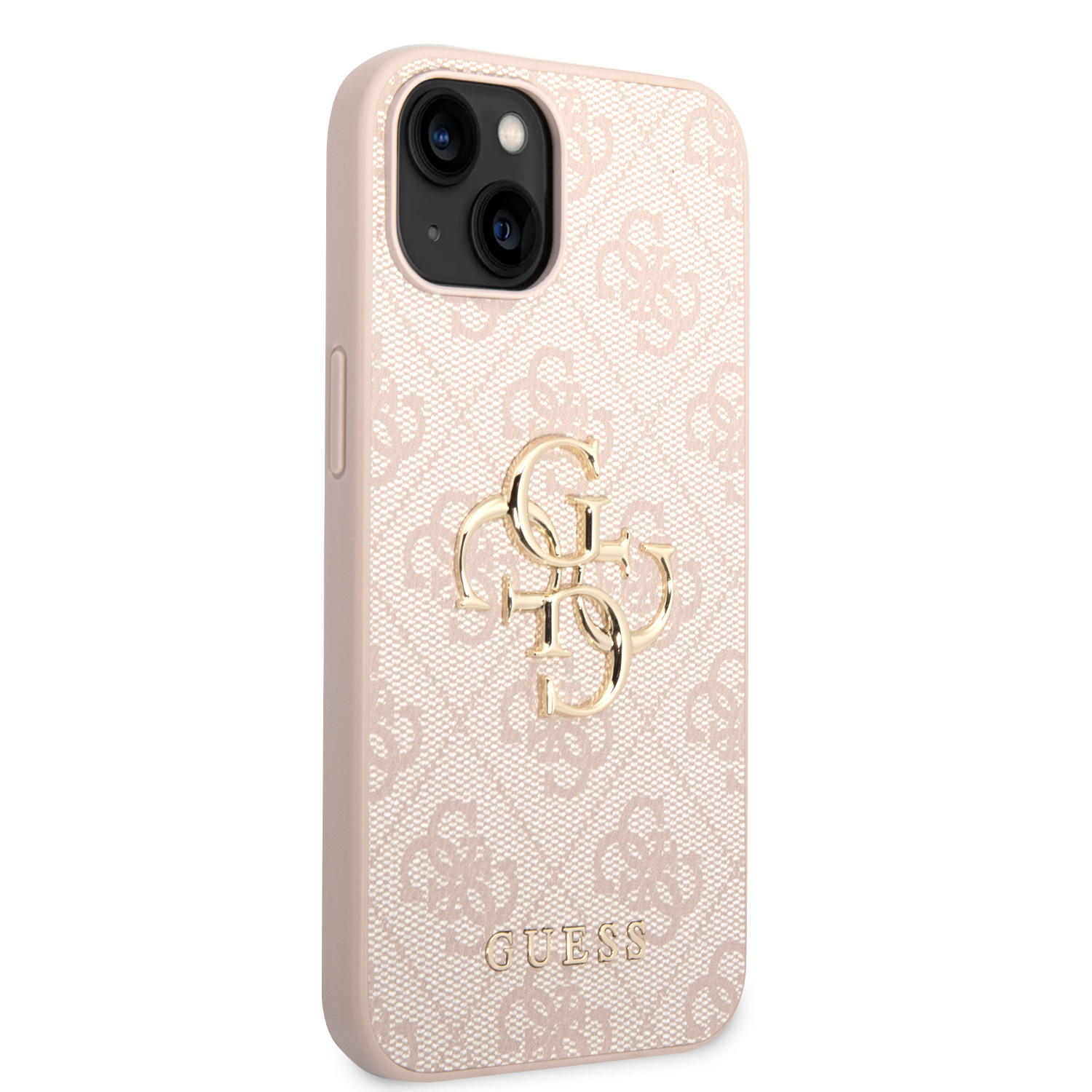 iPhone 14 Leder Hardcase Hülle Metall Logo (GUHCP14S4GMGPI) - Rosa / Gold