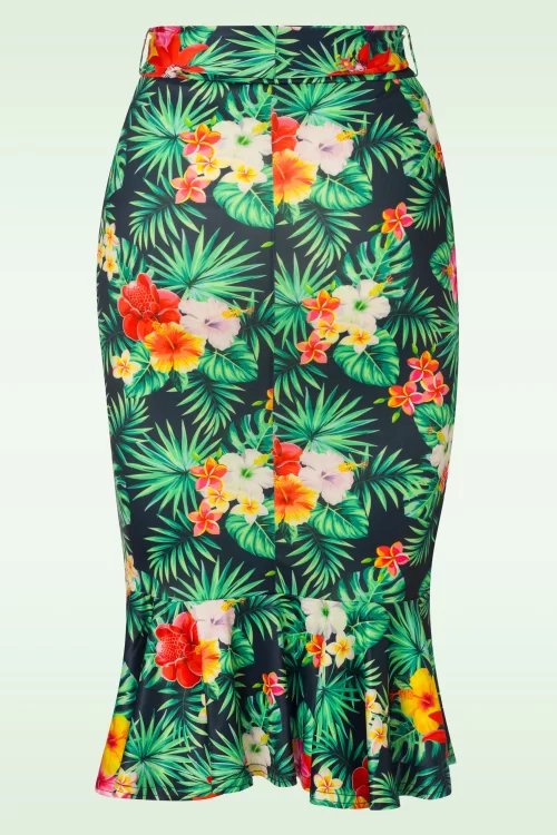 Vintage Chic for Topvintage Naomi Ruffle tropical pencil rok in marineblauw