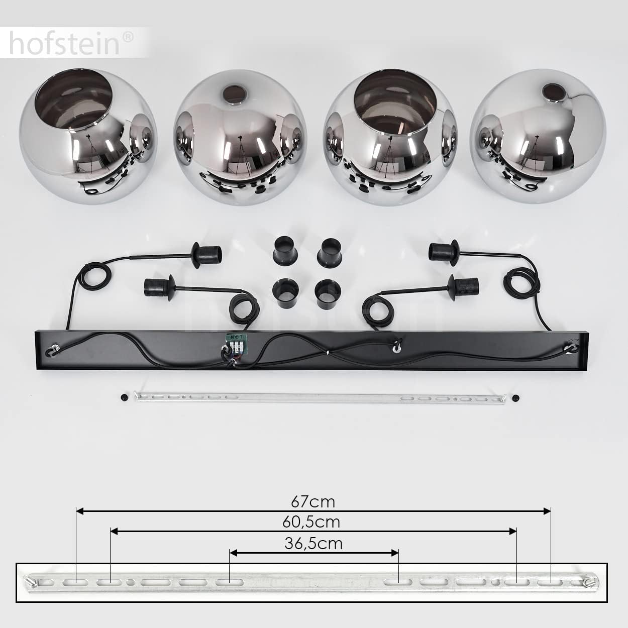 Hängeleuchte Koyoto, Hängelampe aus Metall/Glas in Schwarz/Chromfarben, Leuchte 4-flammig im Vintage/Retro Design mit Schirmen aus Glas (Ø 30 cm), Höhe max. 152 cm, 4 x E27, ohne Leuchtmittel