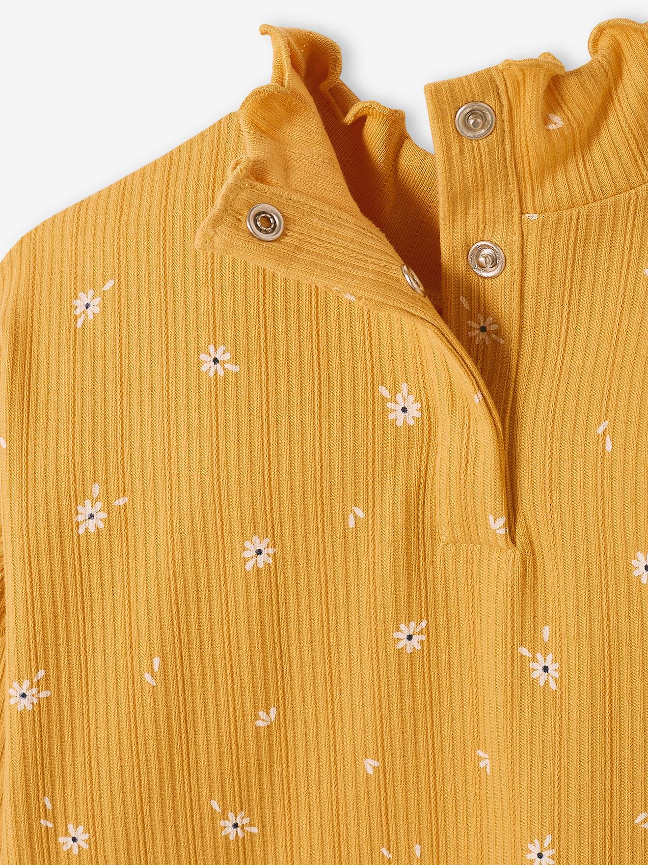Camiseta de gola alta em malha canelada com mangas franzidas, estampa bege claro, para meninas.