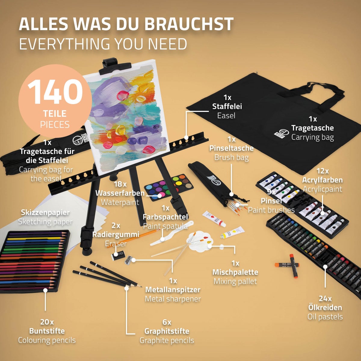 ECD Germany 140-delige XXL schilderset met ezel, kunstenaarsset acryl & tekenset - kleurpotloden, canvas, penselenset, waterverf, pastels, aluminium staande ezel, schilderset met studio-ezel