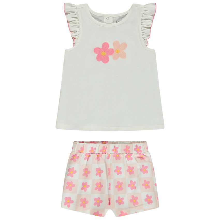 Ensemble 2 pièces imprimé damier et fleurs brodées pour bébé fille - Ecru