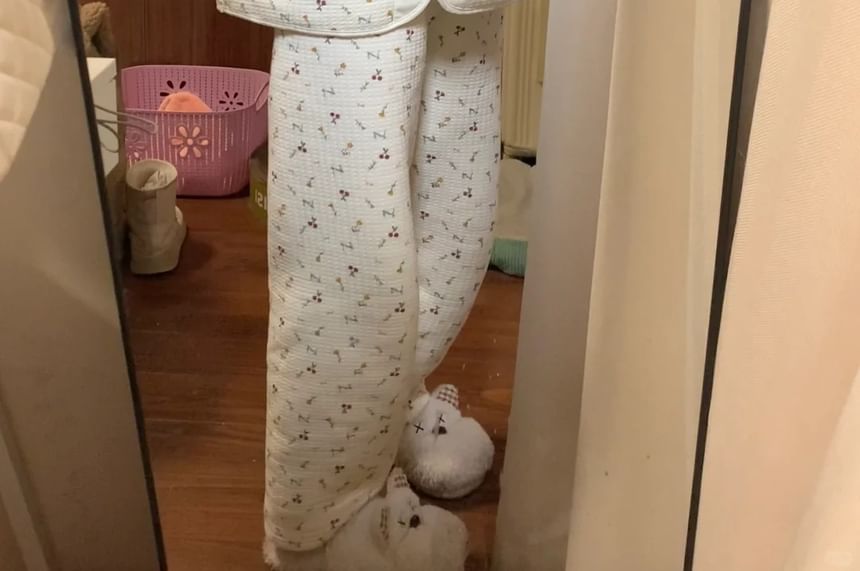 Moon City - Pyjamaset: lange mouwen ronde hals bloemenprint kanten rand knoopjes top + broek