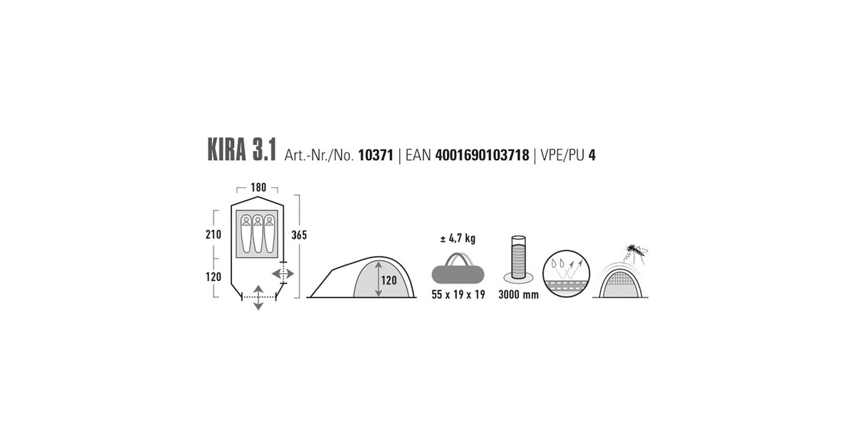 High PeakKira 3.1 tent  (Donkergroen/grijs, Climate Protection 80)