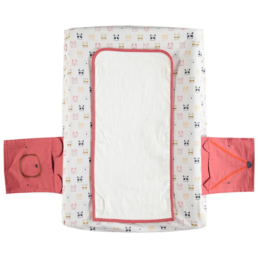 Housse de matelas à langer à animaux printés et poches latérales - Ecru