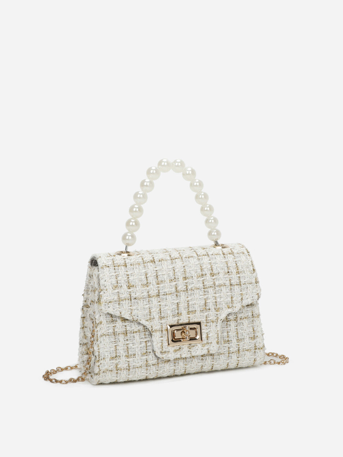 Petit sac en tweed à perles- Blanc