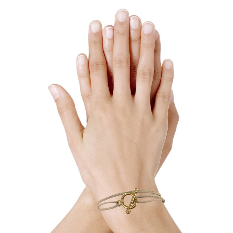 Bracelet Double Tour Plaqué Or Fermoir T et Lien en Cuir Coulissant - Beige