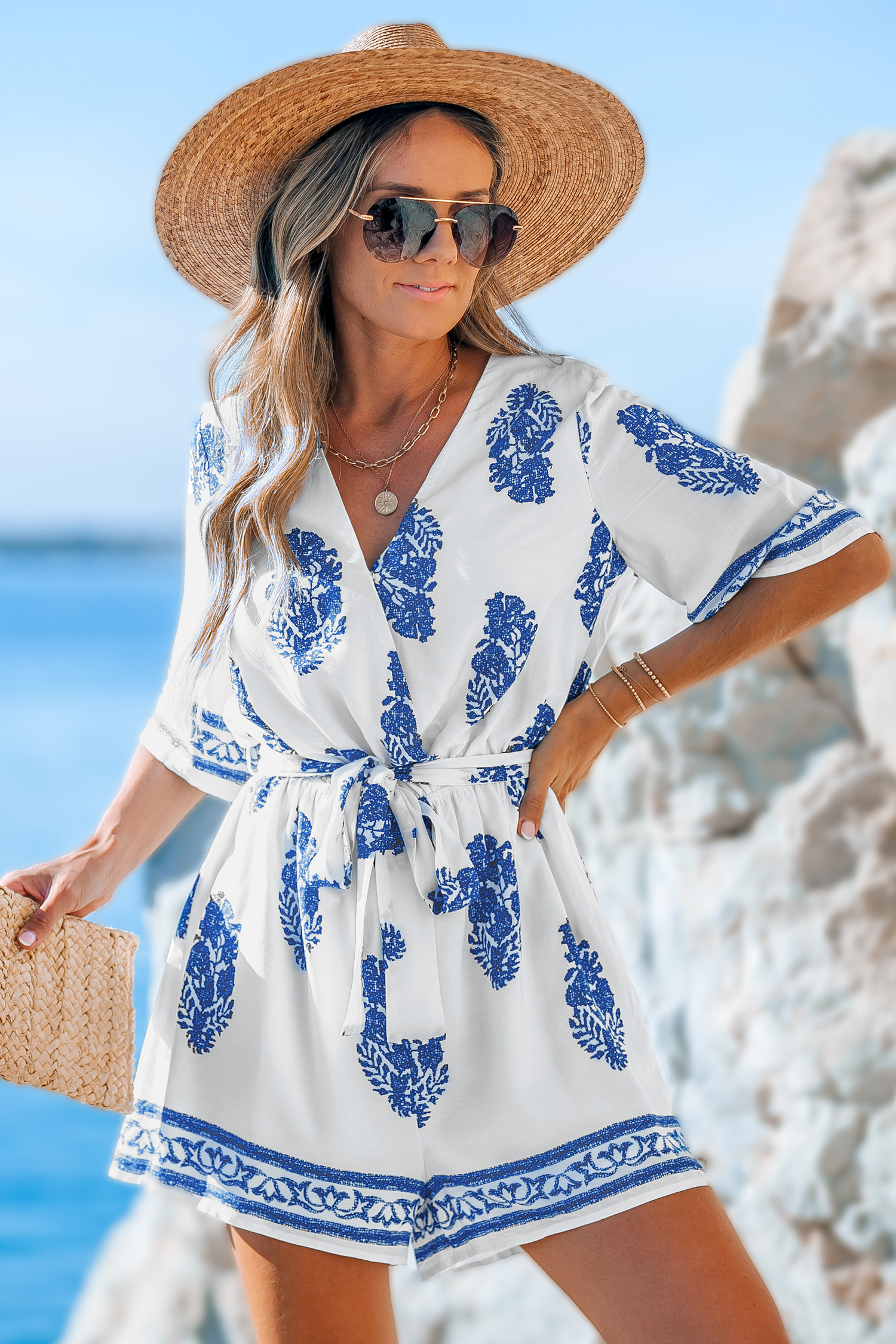 Combishort à col surplis et jambes larges