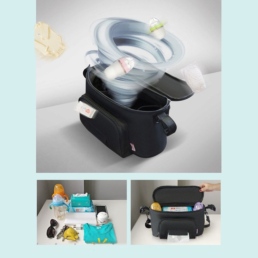 (34x19x13cm) Kinderwagen Organizer Tasche Wickeltasche Aufbewahrungsfächer für Windeln / Milchflasche / Kleidung / Taschentücher - Schwarz