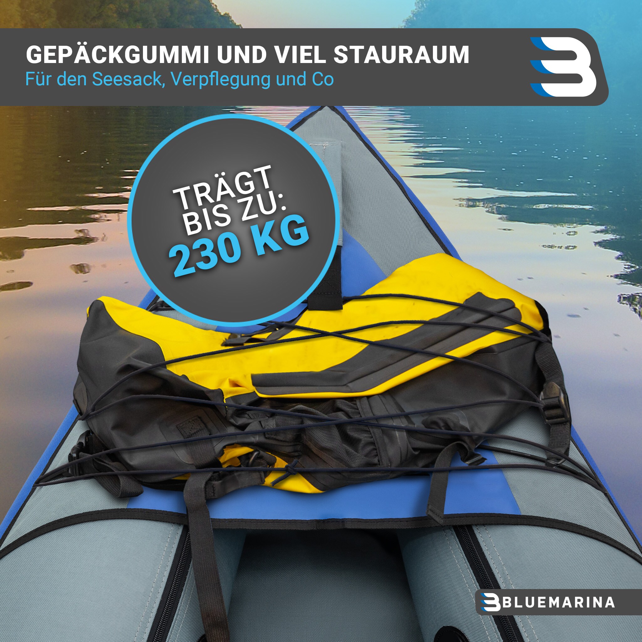 Bluemarina Kajak aufblasbar Samoa, 3-Sitzer-Kanu, Fußpumpe, Gepäckgummi, Finnen, Transportrucksack