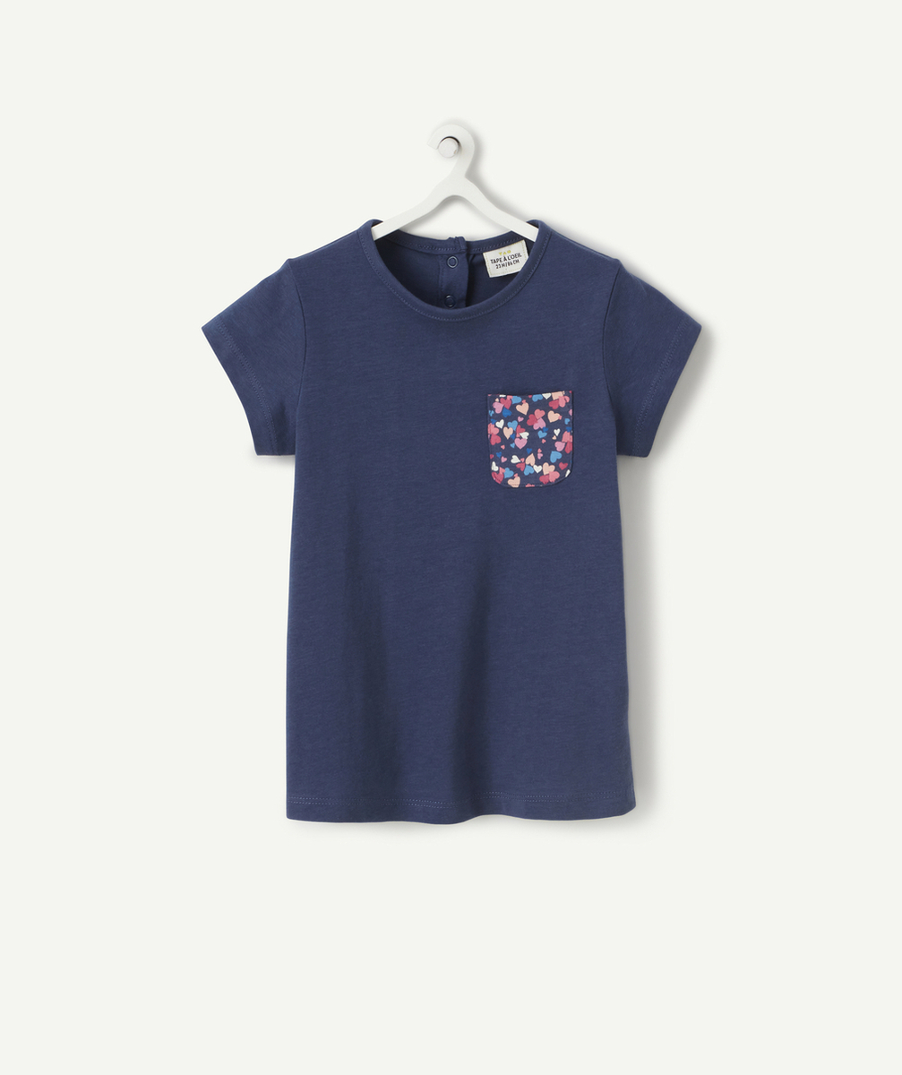 T-SHIRT BÉBÉ FILLE EN COTON BIOLOGIQUE BLEU AVEC IMPRIMÉ COEURS