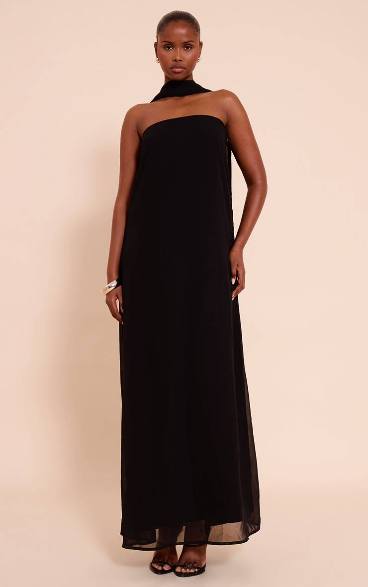 Noir Robe Fourreau Bandeau En Mousseline Avec Détail Foulard