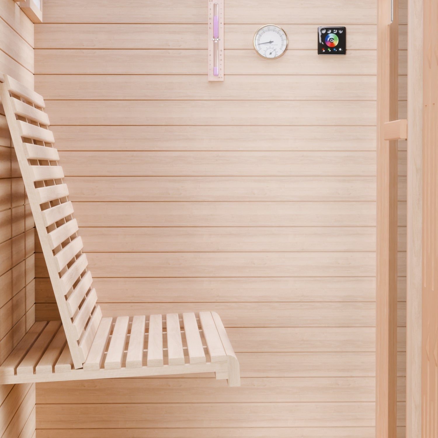 Dewello Finnische Sauna MINTO 120x120 Kabine aus Hemlock Tannenholz mit 3,5 kW Harvia Ofen, inkl Sauna Set