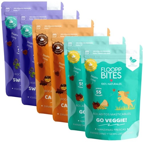 FlooppBITES petiscos macios e naturais, pacote com 3 sabores para cães