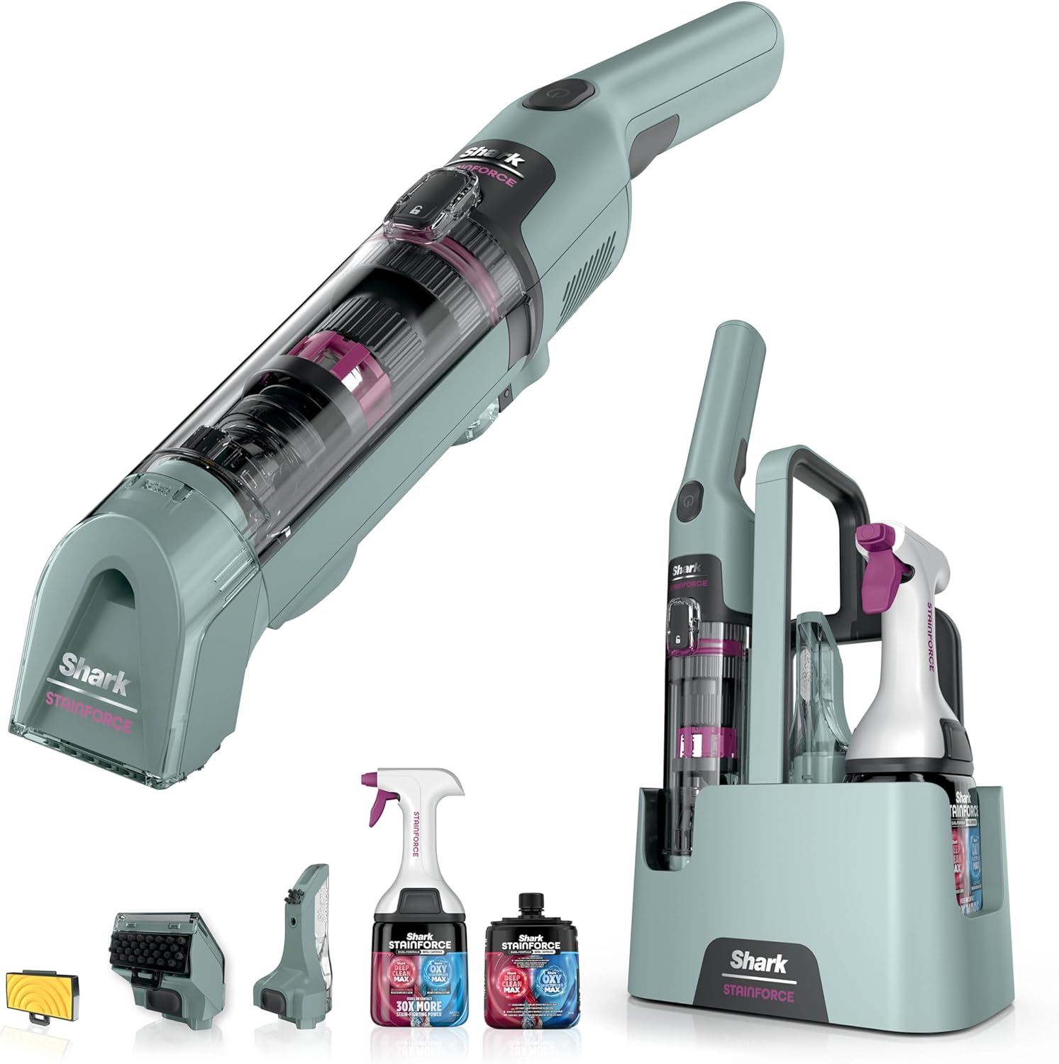 Shark StainForce Kabelloser Fleckenentferner, Tragbarer Flecken-, Waschsauger und Geruchsentferner für Teppichböden, Polstermöbel und mehr, mit Aufbewahrungsbox, Zubehör und 2 × Reiniger, HX100EUCP