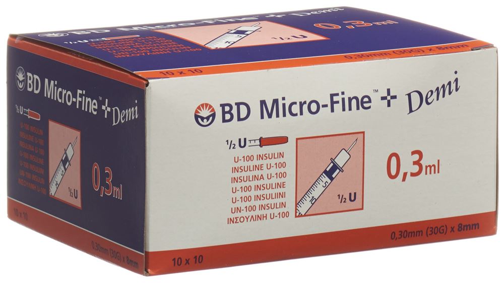 BECTON DICKINSON U100 Insulin Spritze<br>100 × 0.3 ml, 8mm, Demi