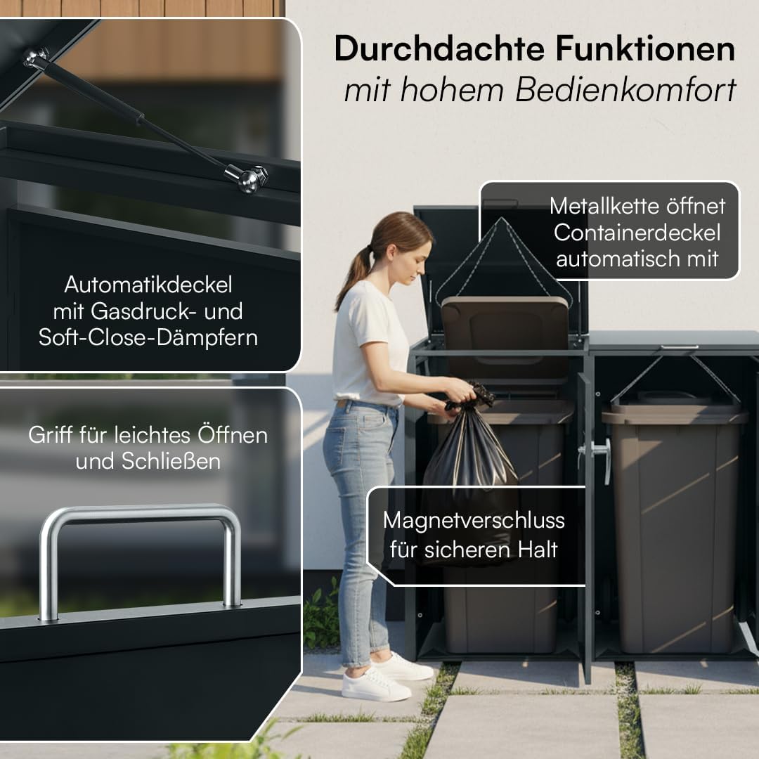 STEELSØN Diorus Mülltonnenbox 4er bis 240L abschließbar – Hochwertige Mülltonnenverkleidung für 4 Tonnen – Müllbox Stahl – Müllcontainer Anthrazit - Mülltonnen Box wetterfest – Gerätebox mit Schloss