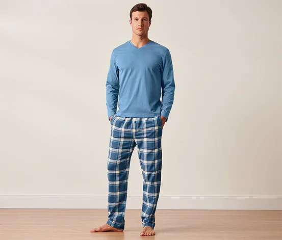 Pyjama mit Flanellhose, mittelblau kariert