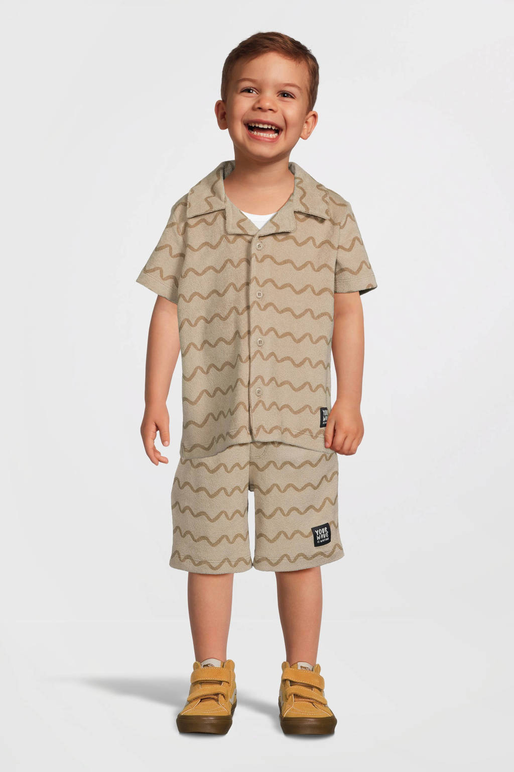 NAME IT badstof overhemd NMMFELO met all over print lichtzand/beige