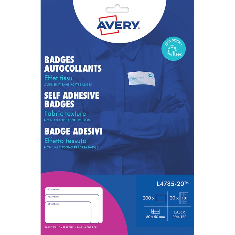 Badge adhésif textile laser Avery 50 x 80 mm blanc - Boîte de 200