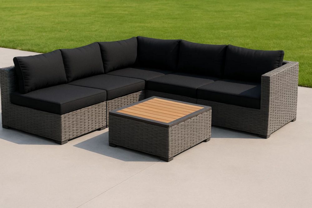 Gartenmöbel-Sitzgruppe Rattan-Ecksofa Grau/Schwarz mit Tisch aus Stahl und Akazienholz