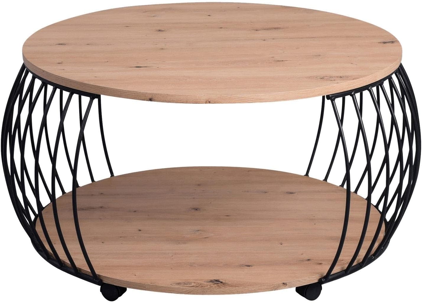 Couchtisch - Schwarz - Artisan Eiche Dekor - Metall - Ø 80 cm - mit Rollen