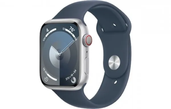 Apple Watch Series 9 (GPS   Cellular) - 45 mm - sølvaluminium - smart ur med sportsbånd - fluoroelastomer - stormblå - båndstørrelse: S/M - 64 GB - Wi-Fi, Bluetooth, UWB, LTE - 4G - 39 g