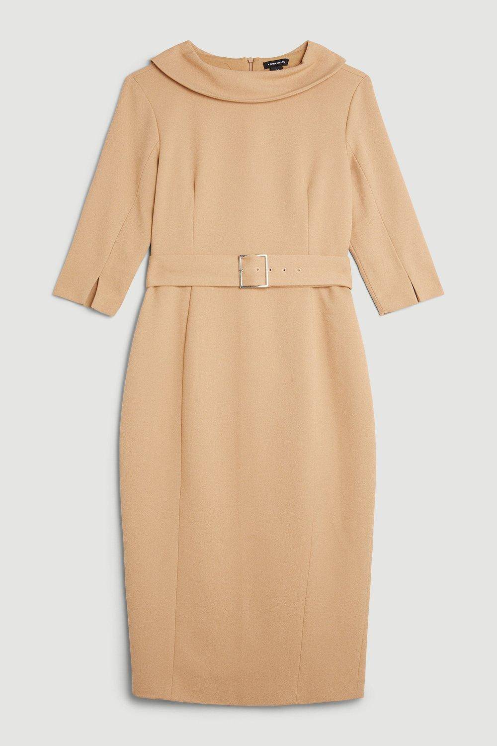 KarenMillen Petite robe midi structurée en crêpe à col roulé, ceinturée et ajustée