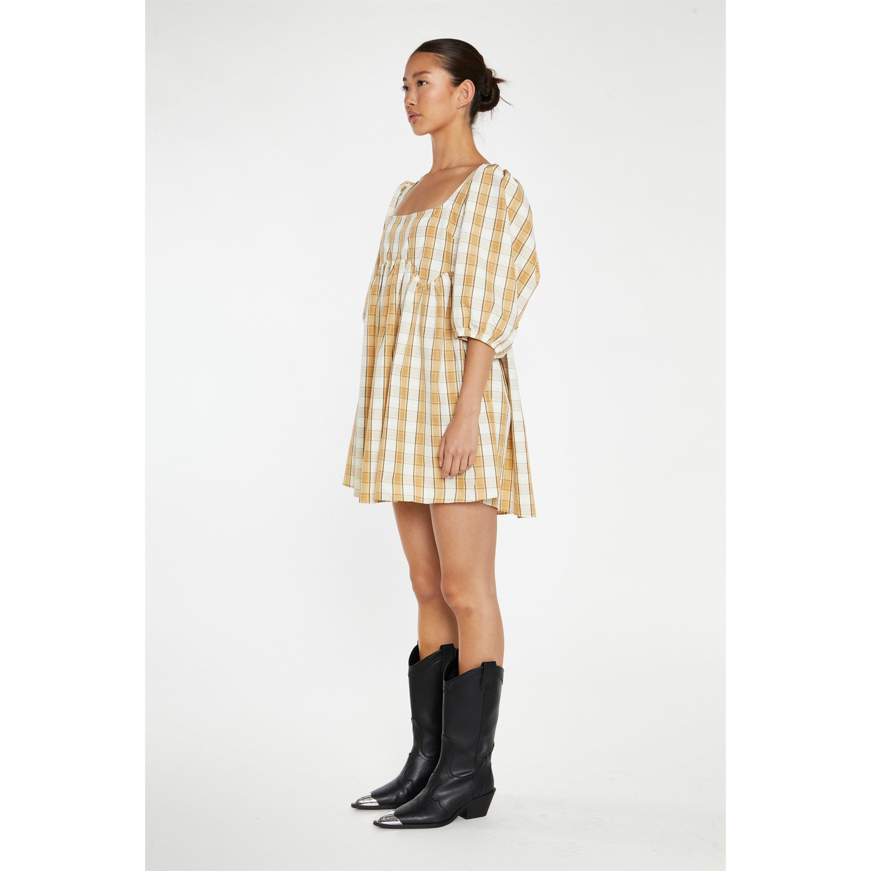 Glamorous Beige Cream Check Square Neck Smock Mini Dress