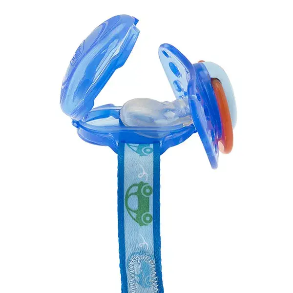 Acessórios para chupeta Chicco: Prendedor de chupeta com fita e protetor de bico, azul