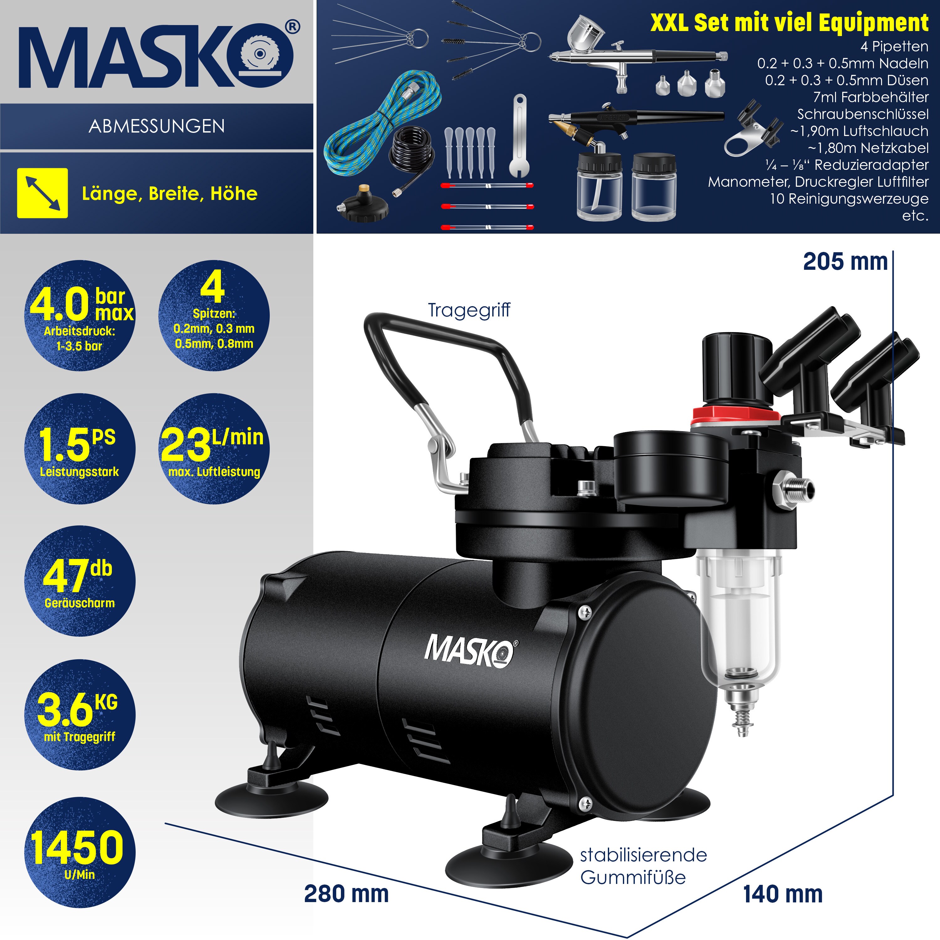 MASKO® Airbrush-Set mit Kompressor 4 bar inkl. Airbrush-Pistolen | Lackierpistole Komplett-Set Tattoo Kunst Malerei | Nadeln & Düsen im Zubehör | Multifunktions Dual-Set mit Manomter & Luftfilter