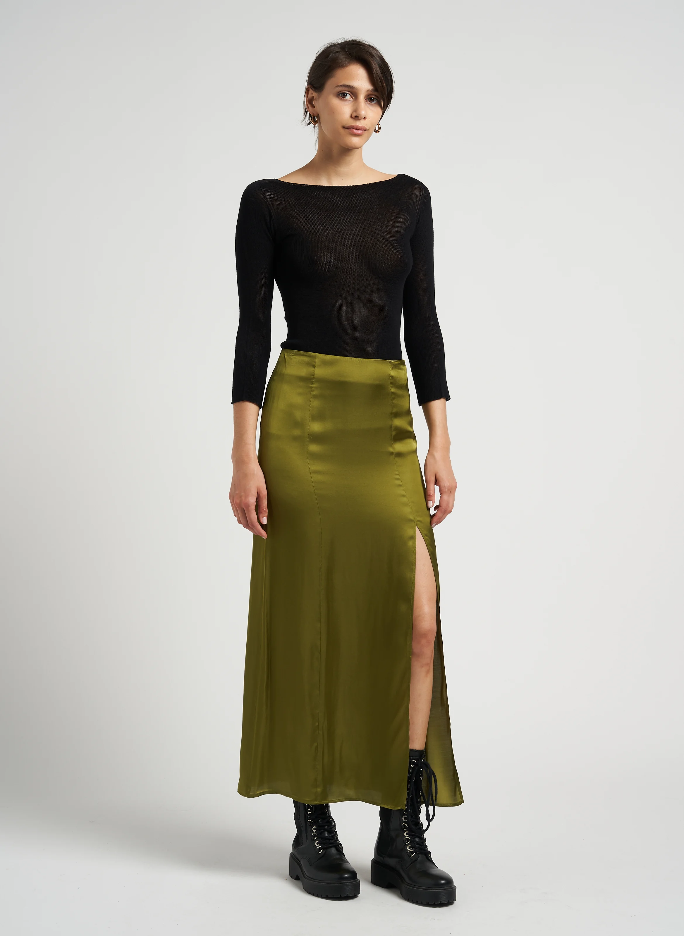 LINDA - Jupe longue en satin| Vert