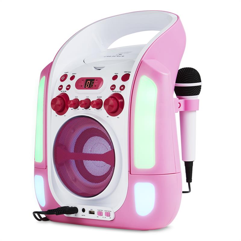 Kara Illumina Karaokeanlage CD USB MP3 LED-Lichtshow 2x Mikrofon mobil Pink