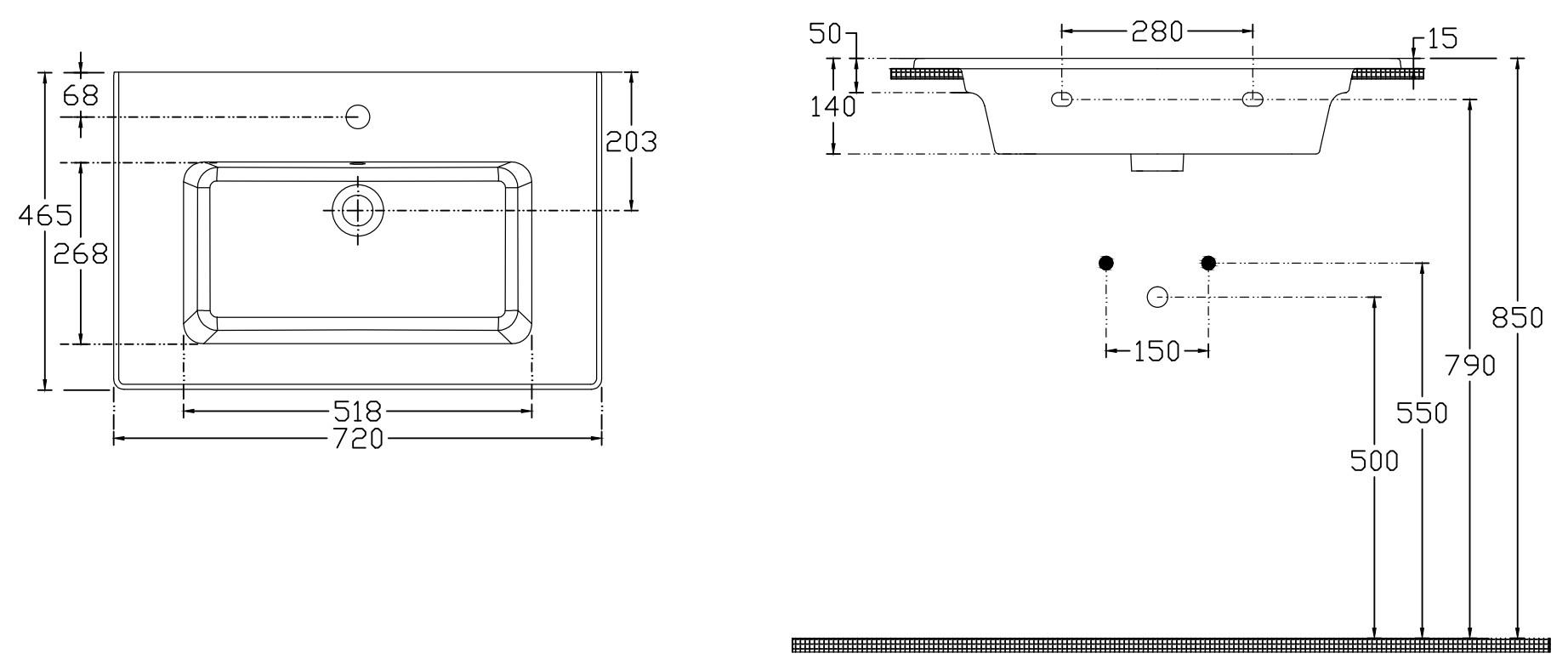 Isvea Sistema T inbouw wastafel met kraangat 70cm wit glans